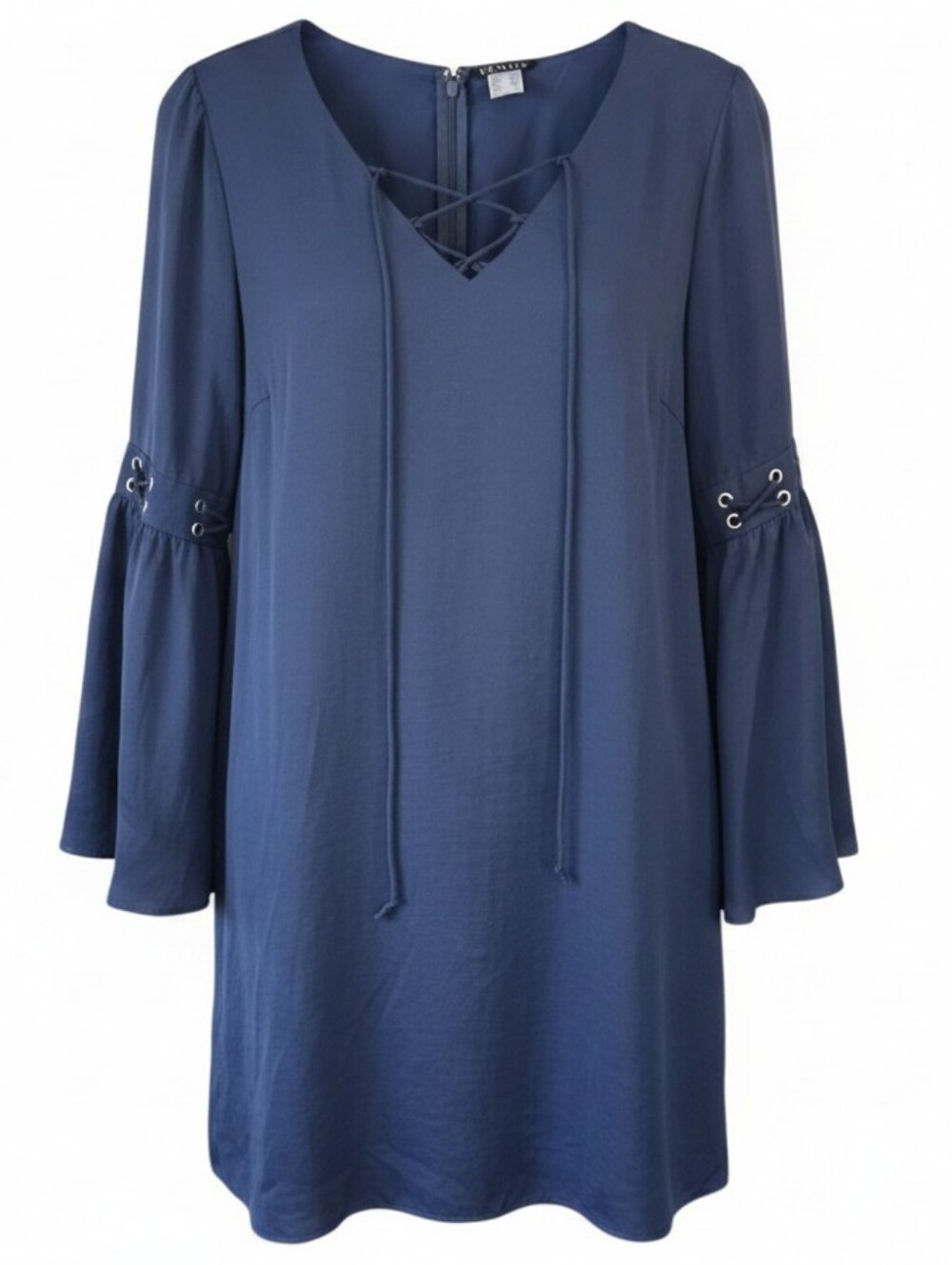 VENUS | Navy Blue Boho Coastal Lace Up V-Neck Bell Sleeve Mini Dress Tunic | XL